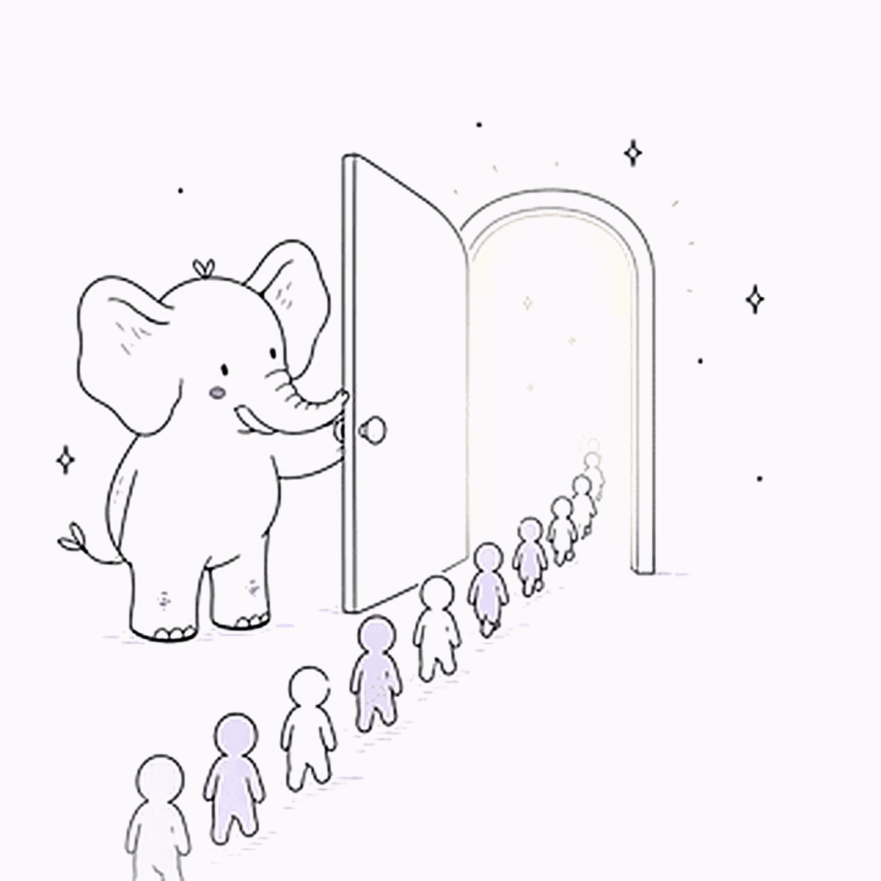 Sage, holding a door open as others walk through
